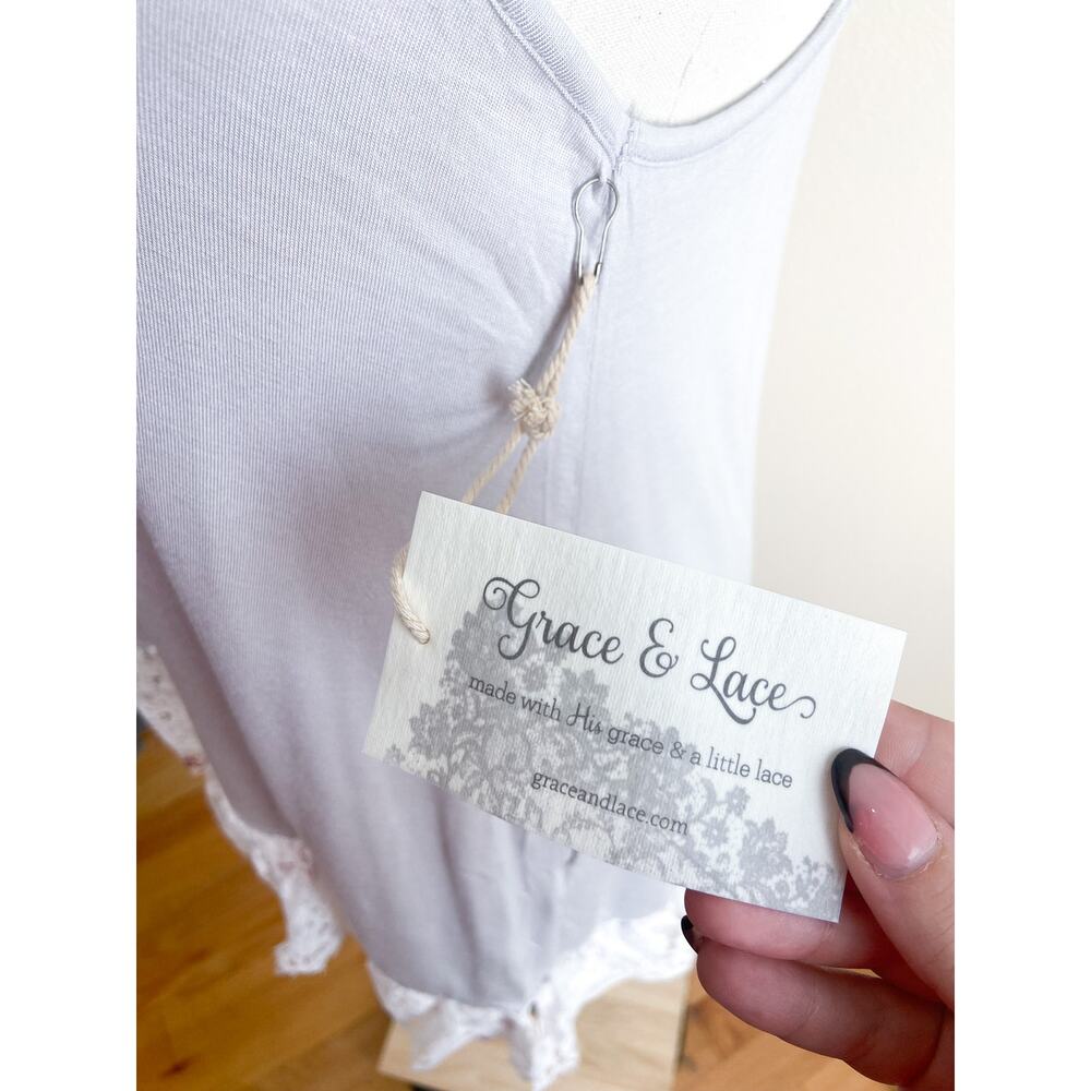 NEW Women's Gray Lace Trim Sleeveless Tank Top Large Lace Tunic Swim Coverup - Picture 4 of 6